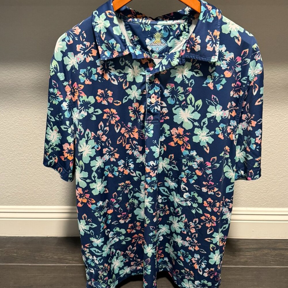Chubbies Mens Performance Polo XL Blue Hawaiian Floral